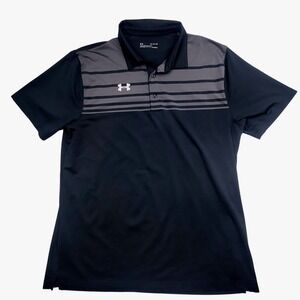 Under Armour Mens HeatGear Striped Polo Shirt Black Grey XL Loose Fit Activewear